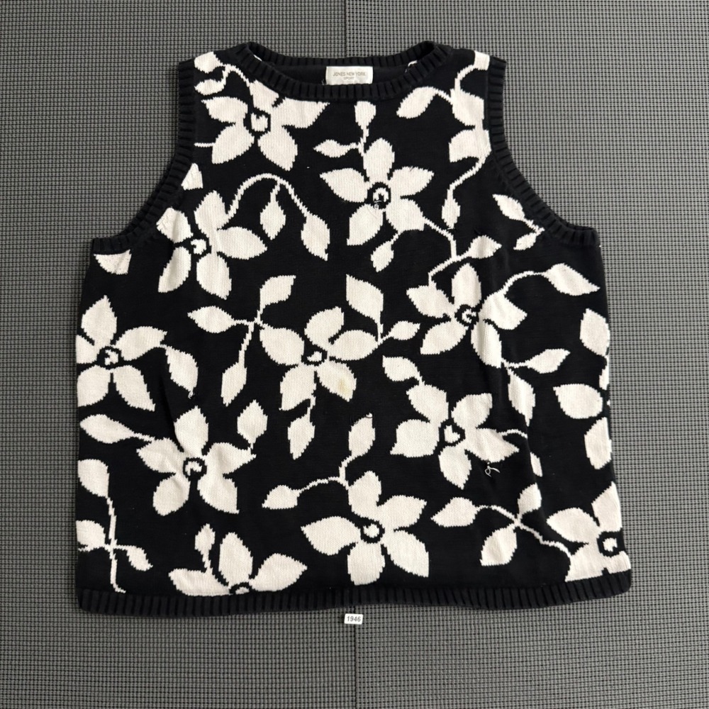 Jones New York Sport Black White Floral Cotton Knit Sweater Vest Plus Size 2X